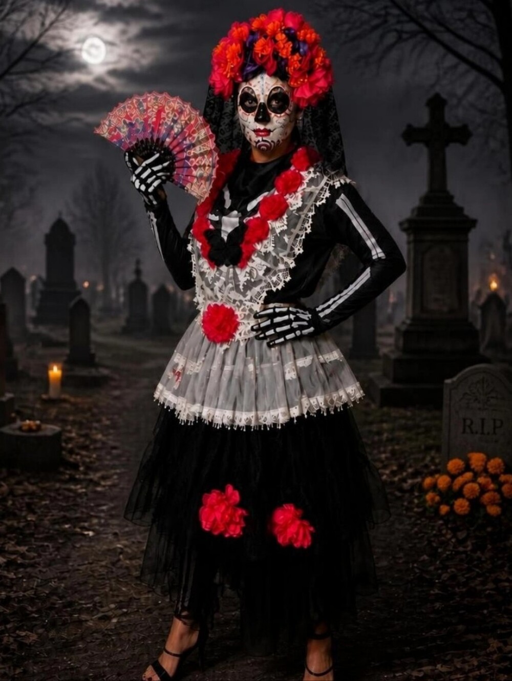 Day of the Dead Upcycled Complete Halloween Costume Size L - Picture 10 of 11